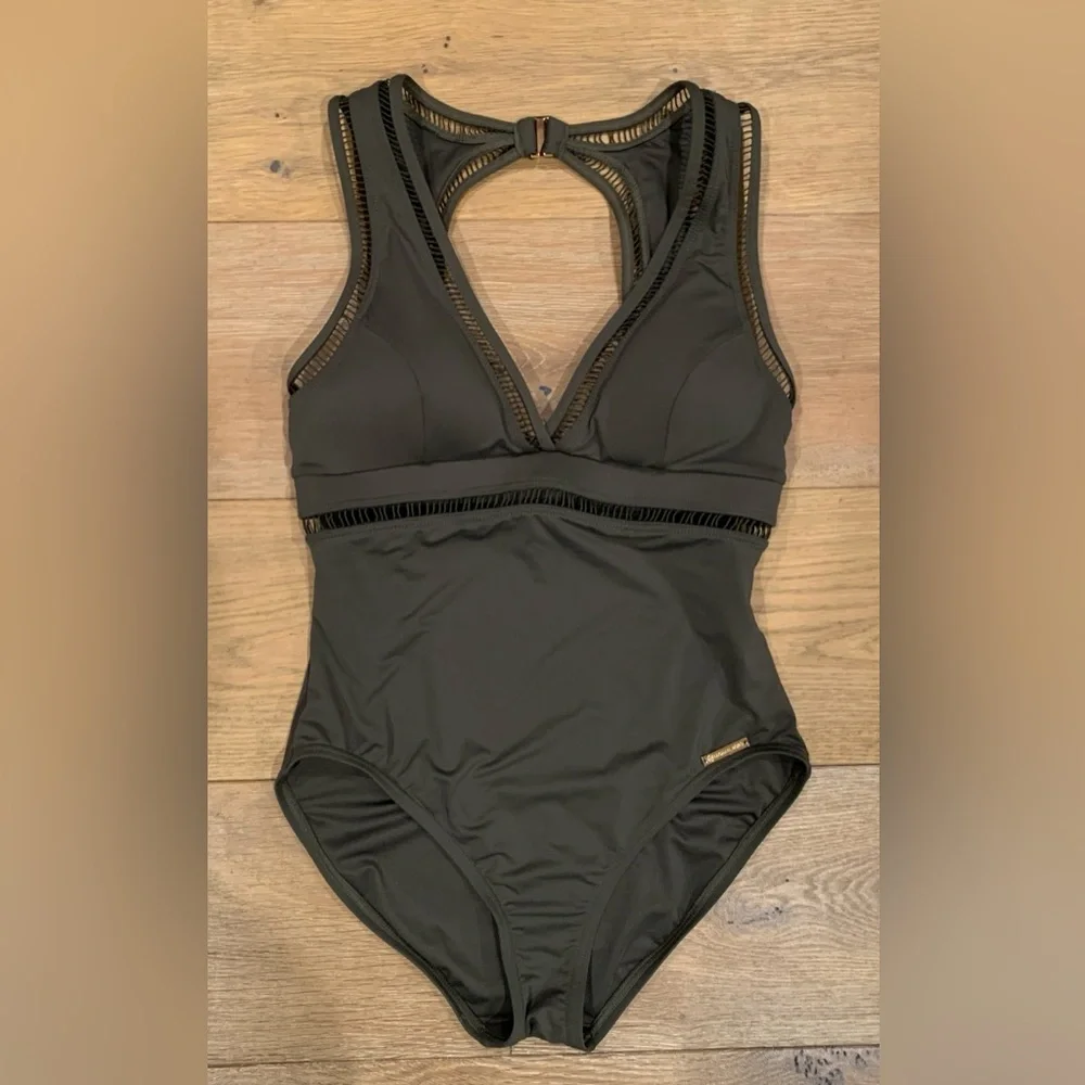 MICHAEL KORS Cruise Olive Green Ladder Cutout One Piece Swimsuit Womens 10 - Picture 2 of 11